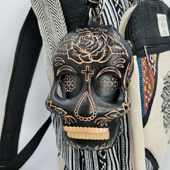 Sugar Skull Leather Wristlet Wallet Handmade Day of the Dead Coin Purse Keychain - Picture 14 of 15